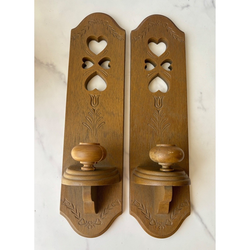 Vintage Burwood Products 1986 Heart Tulip Faux Wood Wall Sconces Pair 2766 B